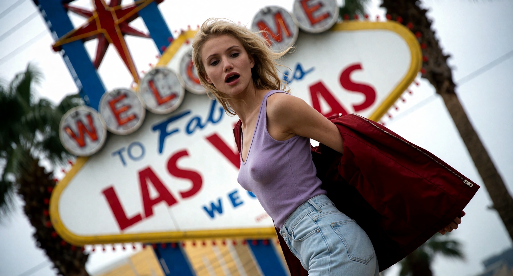 The image captures Cameron Diaz in a dynamic pose,  exuding a sense of wild abandon. Her attire,  consisting of a lavender...
