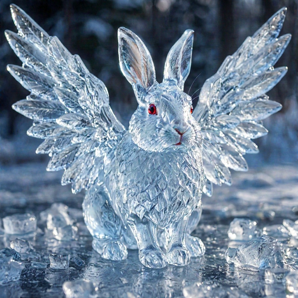 a pair of wings made fully of ice,  they belong to a little white rabbit,  rabbit is made out of ice on Tensor.Art