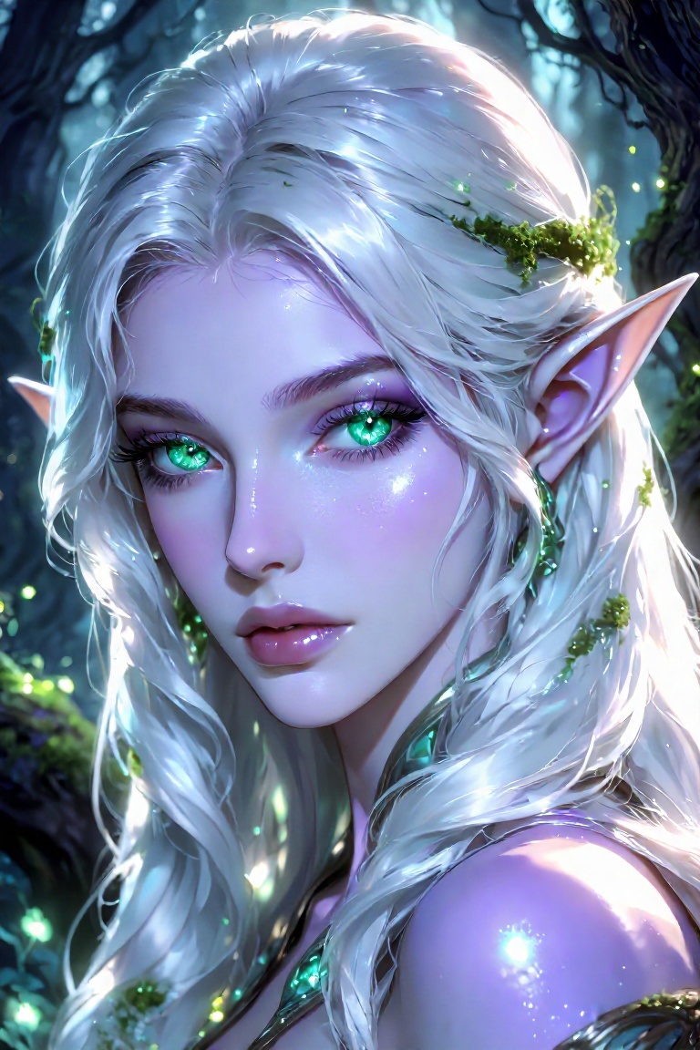 A hyper-detailed digital portrait of a beautiful female wood elf,  She has closed lips and an ethereal,  serene facial exp...