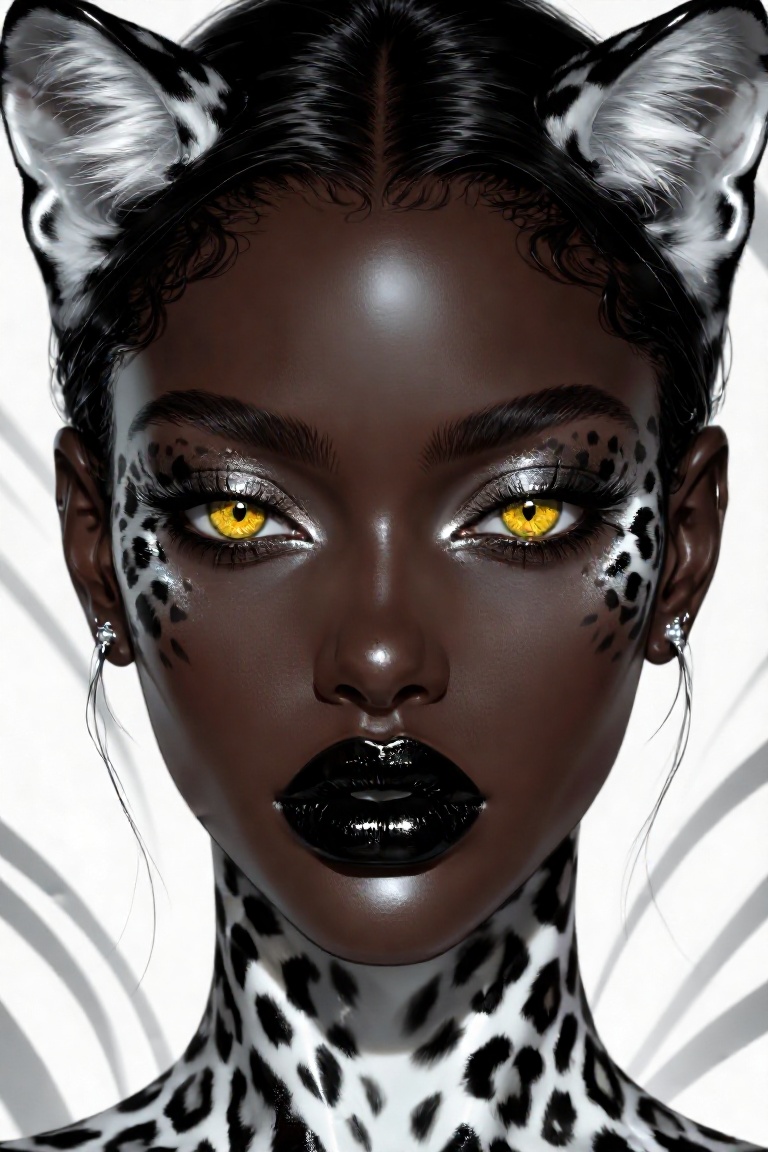 A hyper-detailed digital portrait of a beautiful black woman. She has closed lips with black glossy lipstick and an ethere...