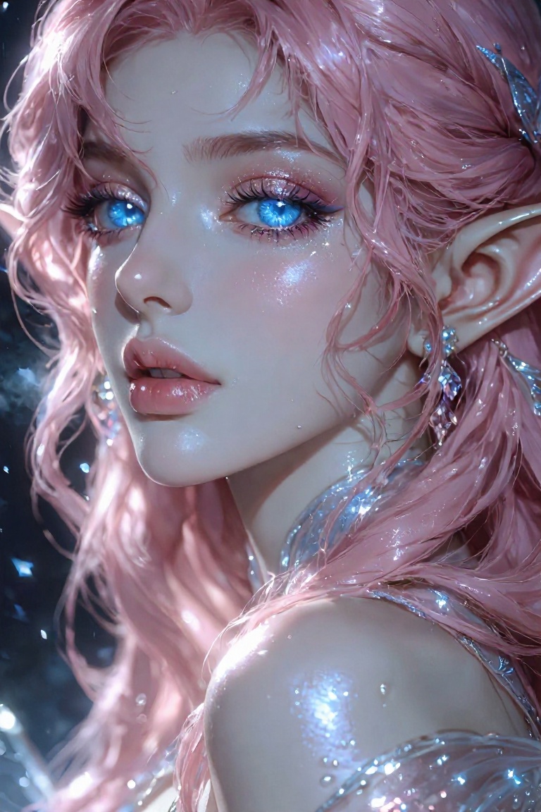 A hyper-detailed digital portrait of a beautiful female fairy elf,  She has closed lips and an ethereal,  serene facial ex...