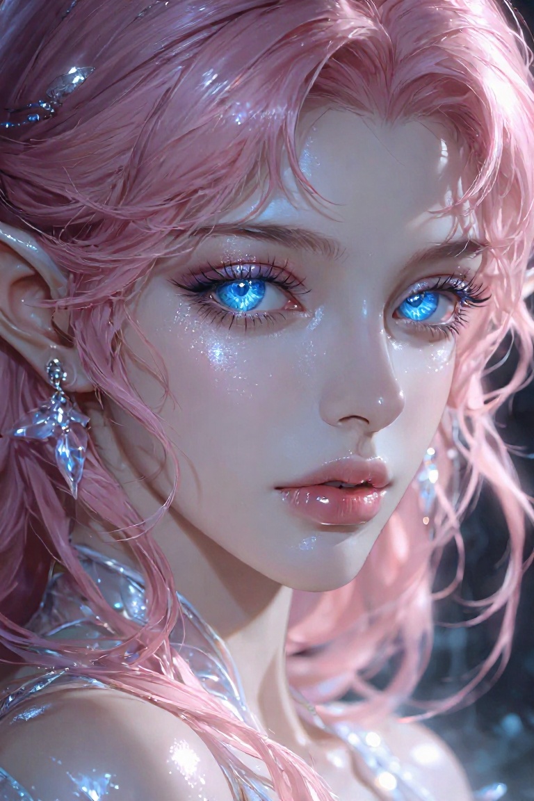 A hyper-detailed digital portrait of a beautiful female fairy elf,  She has closed lips and an ethereal,  serene facial ex...