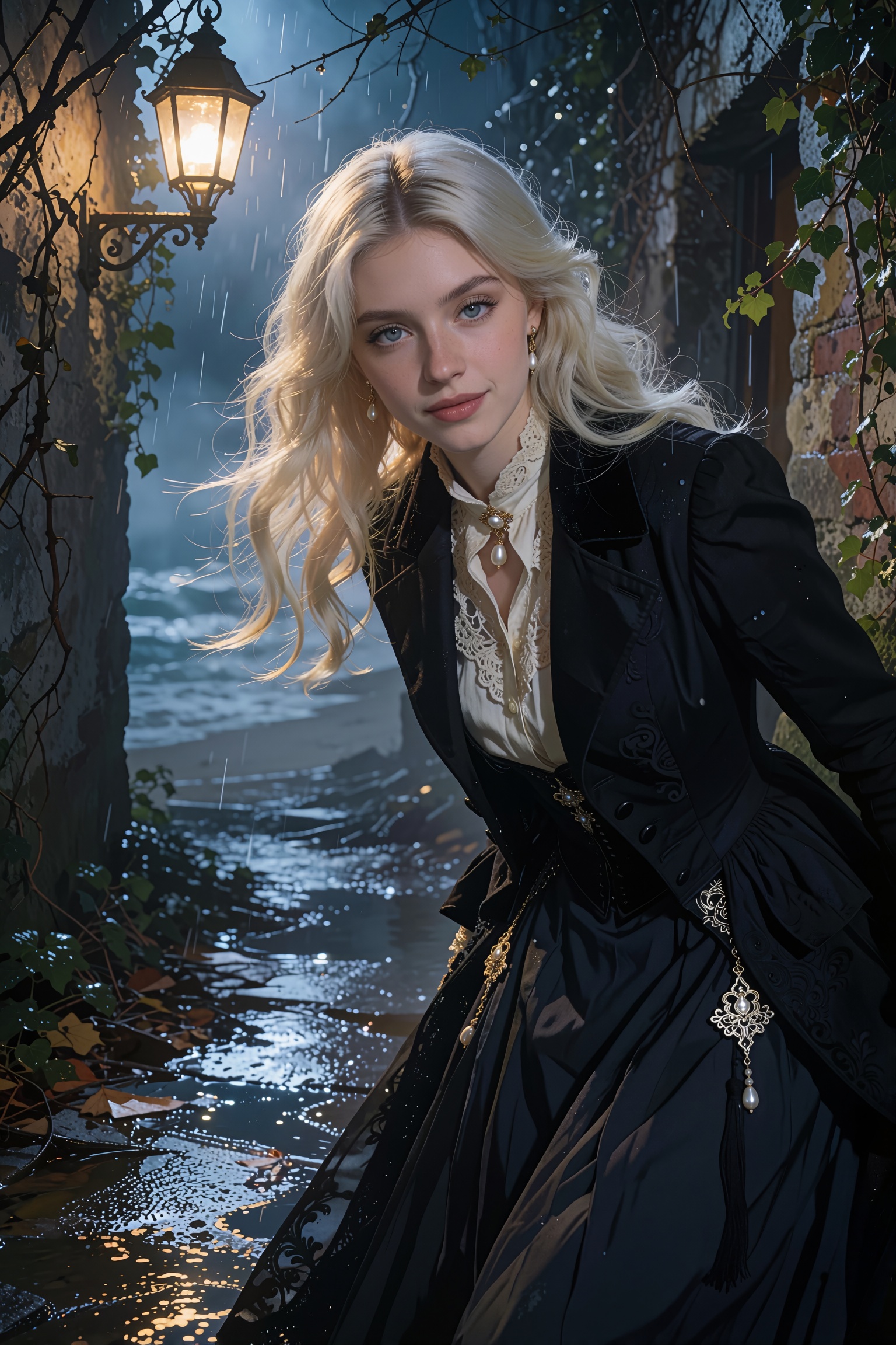 A high-end fantasy fashion photograph of Pearl,  an ethereal young ***** Siren encountered in a deserted seaside alleyway...