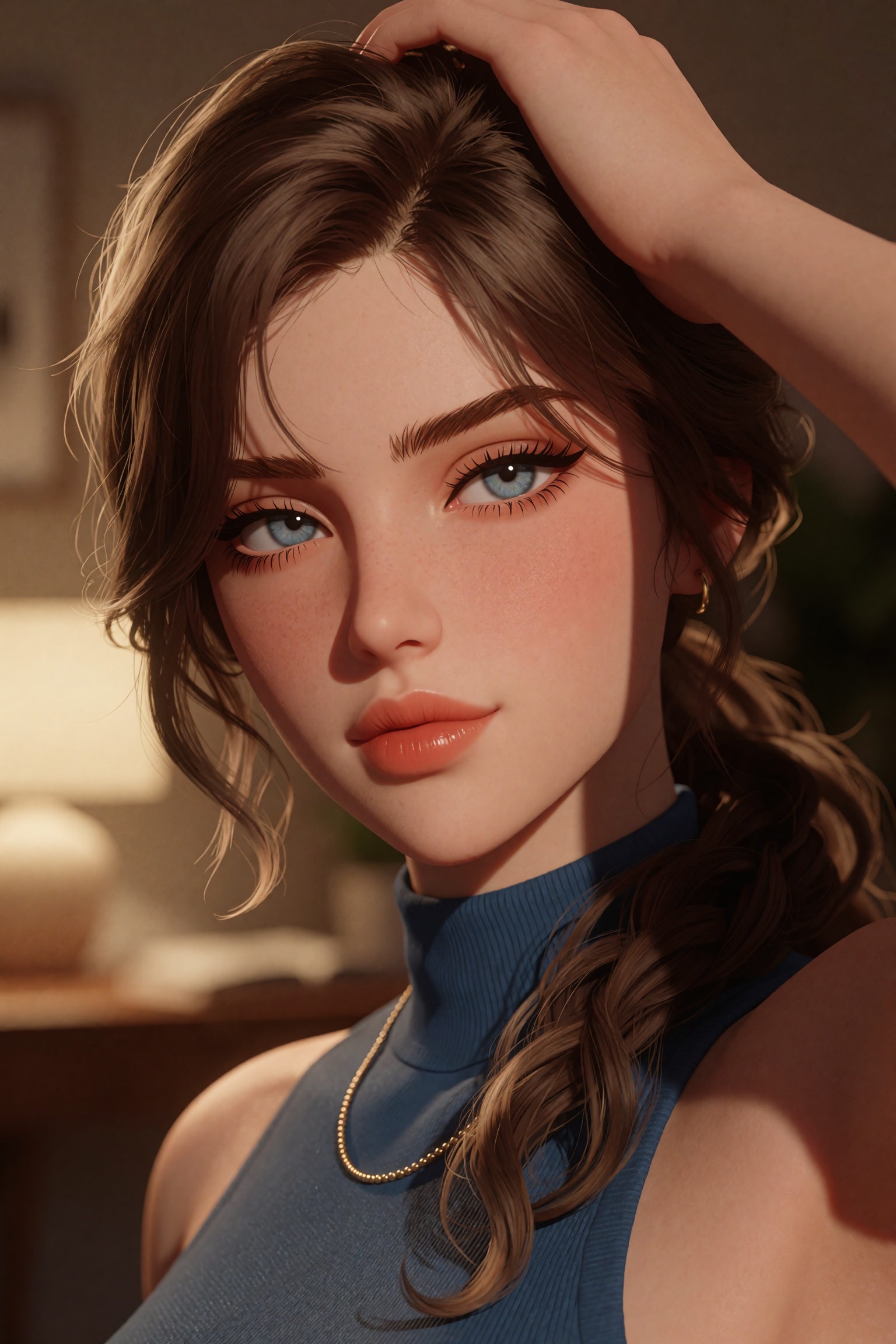 A high-fidelity,  3D rendered digital portrait in a realistic anime-influenced style. The subject is a beautiful young wom...