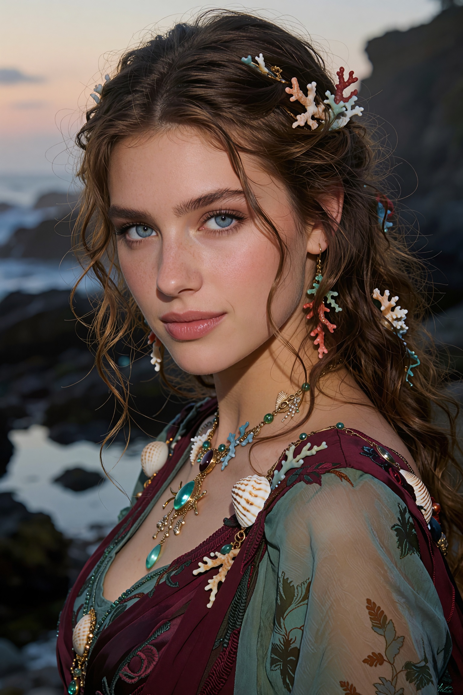 A high-end fantasy fashion photograph of Coral,  a mysterious young ***** Siren discovered beside a secluded rocky cove at...