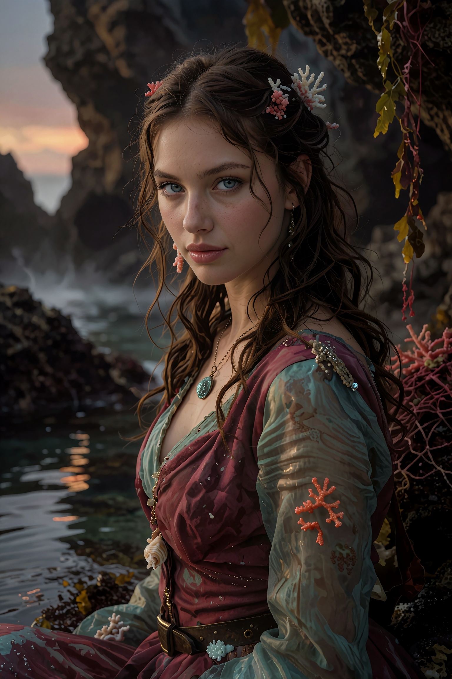 A highly realistic oil painting of Coral,  a mysterious young ***** Siren discovered beside a secluded rocky cove at twili...