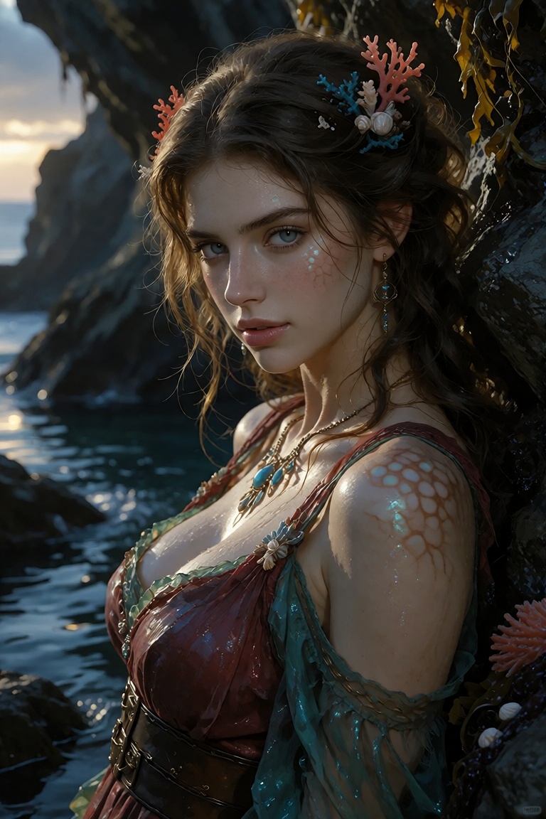 A highly realistic oil painting of Coral,  a mysterious young ***** Siren discovered beside a secluded rocky cove at twili...
