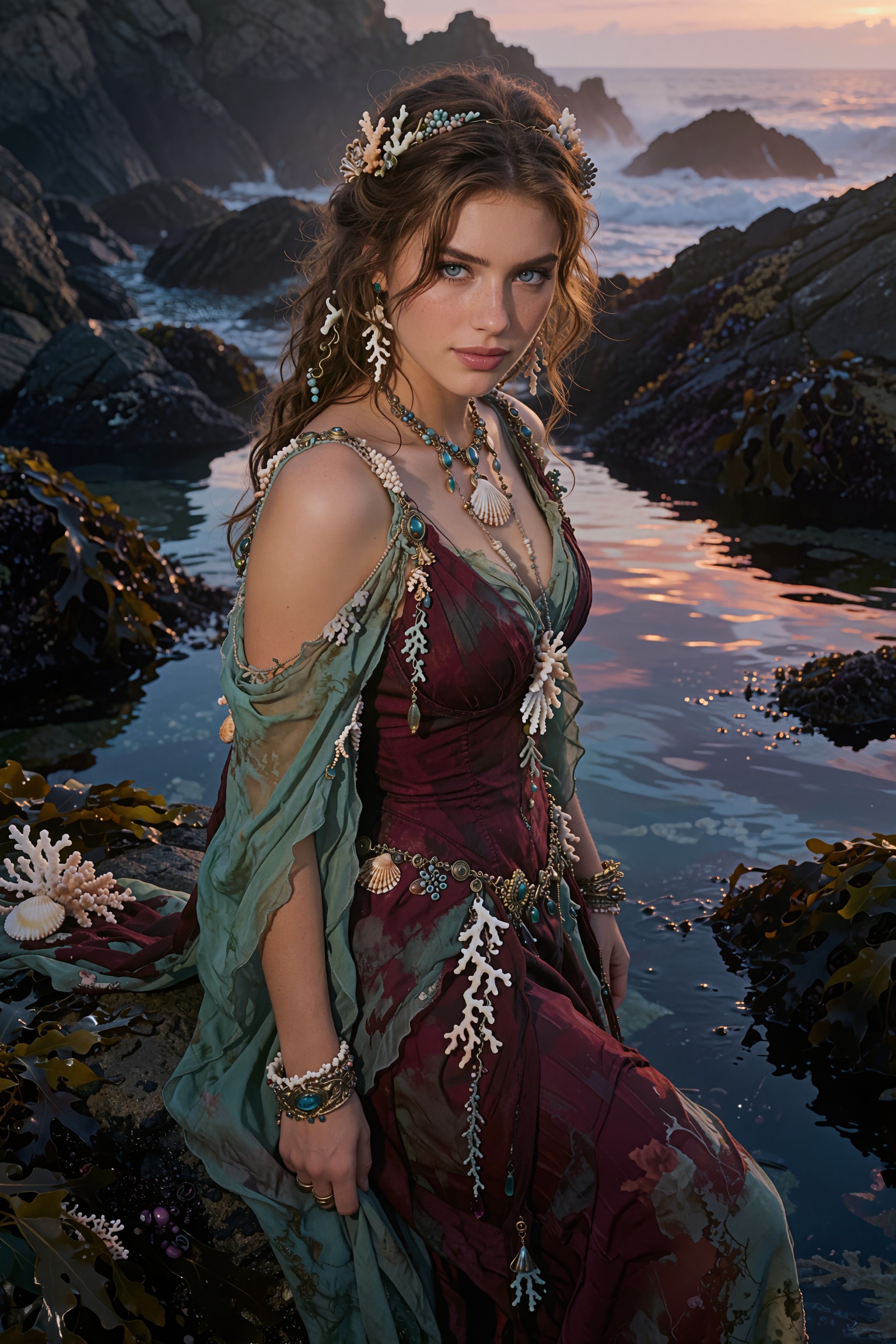 A high-end fantasy fashion photograph of Coral,  a mysterious young ***** Siren discovered beside a secluded rocky cove at...