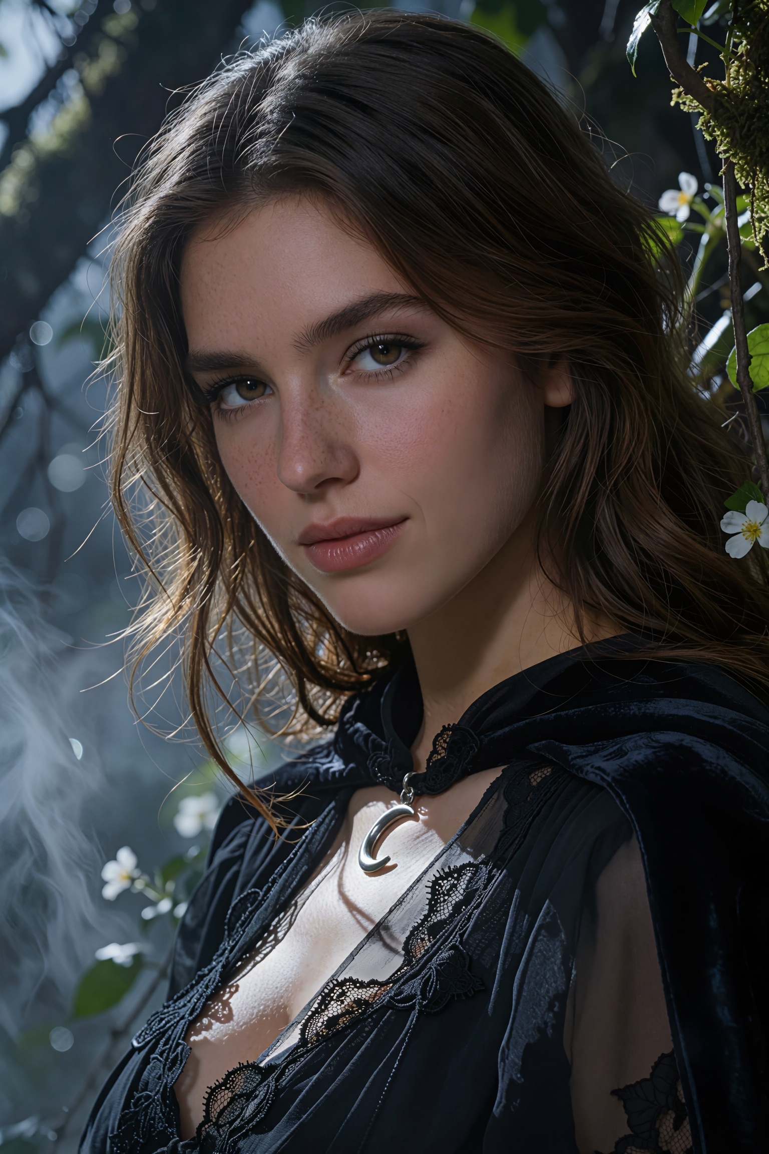 A high-end fantasy fashion portrait of Selene,  an enigmatic young ***** Siren encountered in a moonlit forest,  framed as...