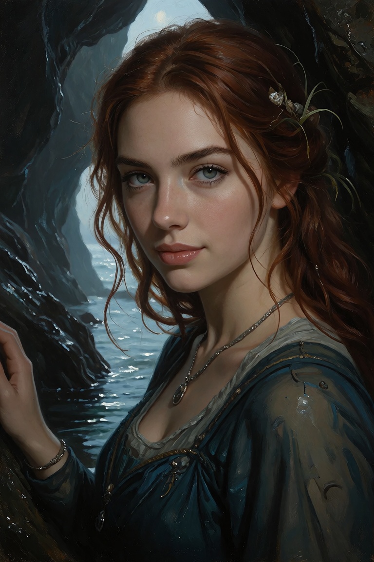 A highly realistic oil painting of Aria,  an alluring young ***** Siren encountered deep within a secluded coastal cave,...