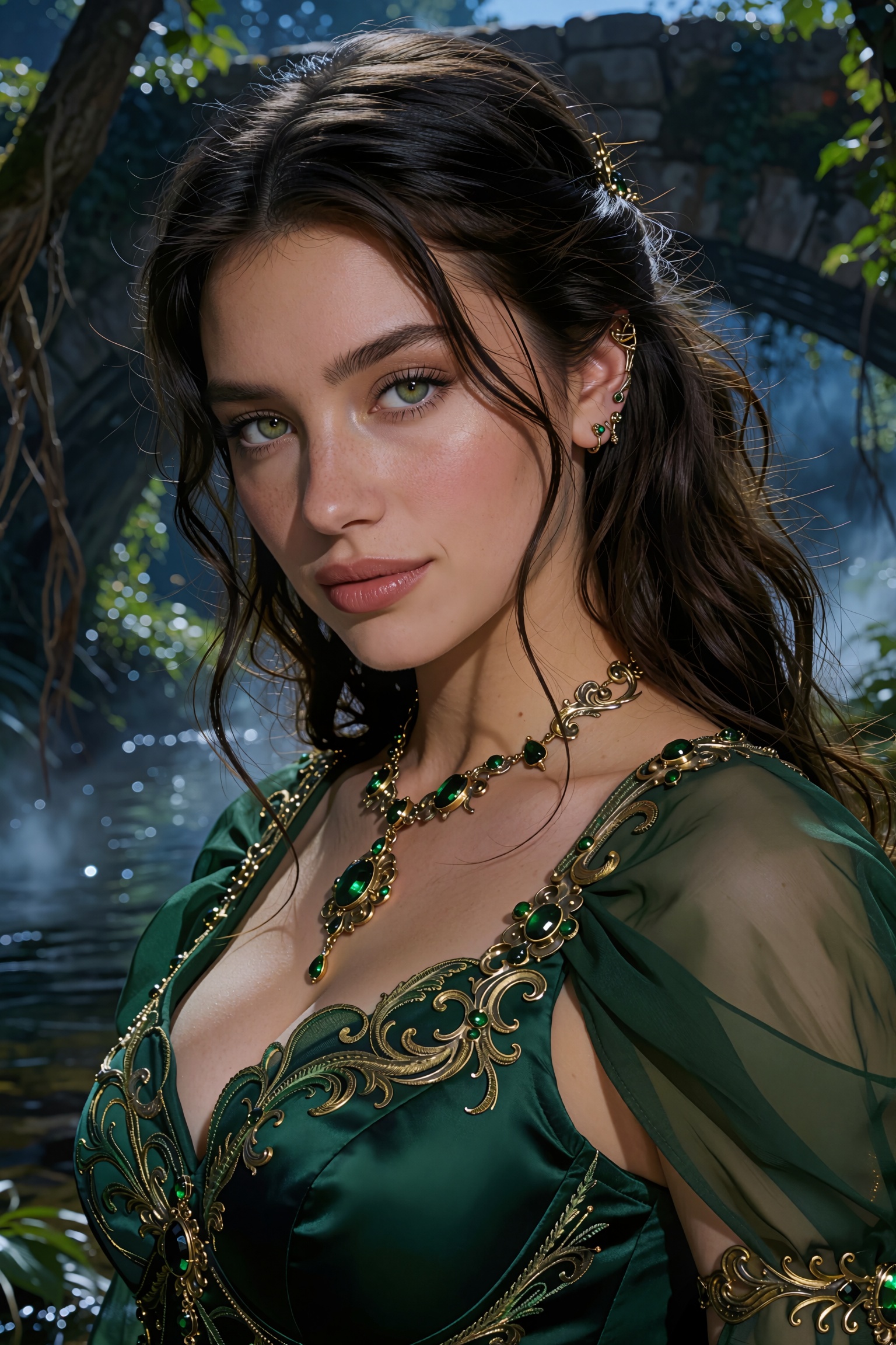A high-end fantasy fashion photograph featuring Lorelei,  an alluring young ***** Siren encountered beneath an ancient sto...