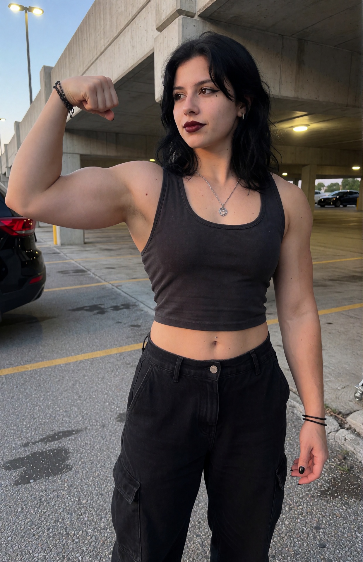 Your favorite goth muscle mommy is outdoors beside a concrete parking structure just after sunset,  casually flexing one b...
