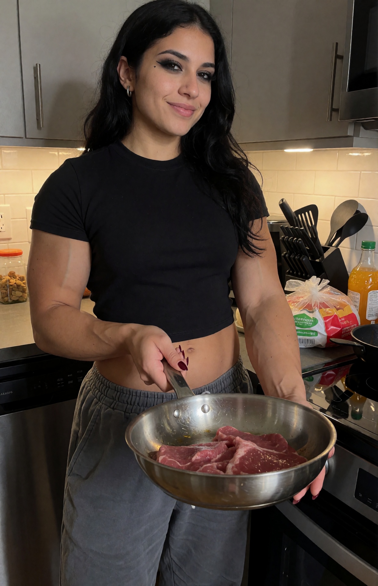 Your favorite goth muscle mommy stands in a warm modern kitchen,  a voluptuous Latina woman with thick muscular arms,  pow...