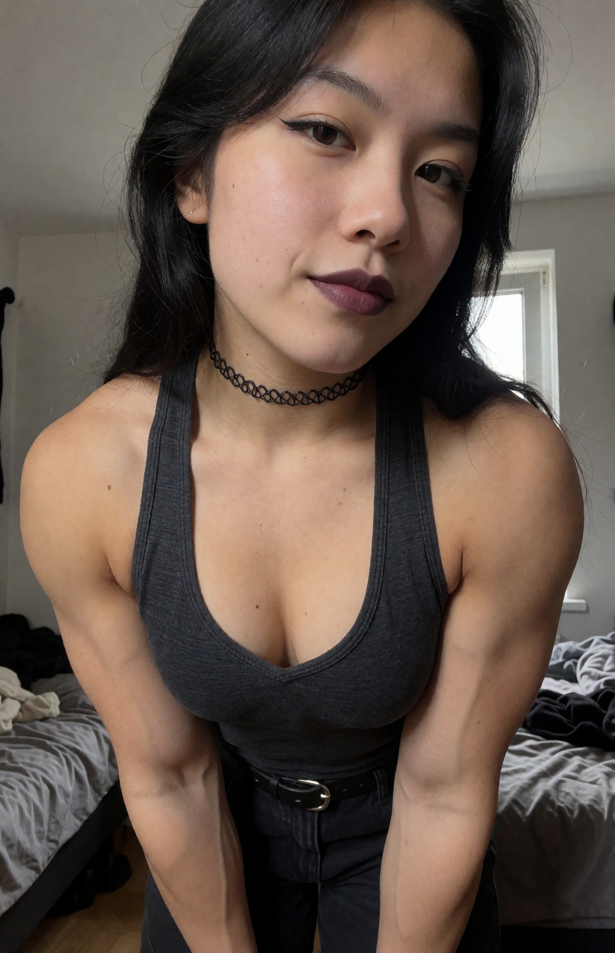 Your favorite goth muscle mommy leans over the camera for a tight overhead portrait selfie,  her face,  jawline on Tensor.Art