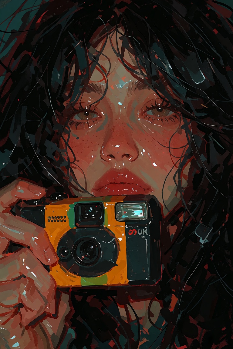 beautiful young ***** with enormous messy black hair,  faint acne and permanent sleep deprivation,  collects disposable ca...