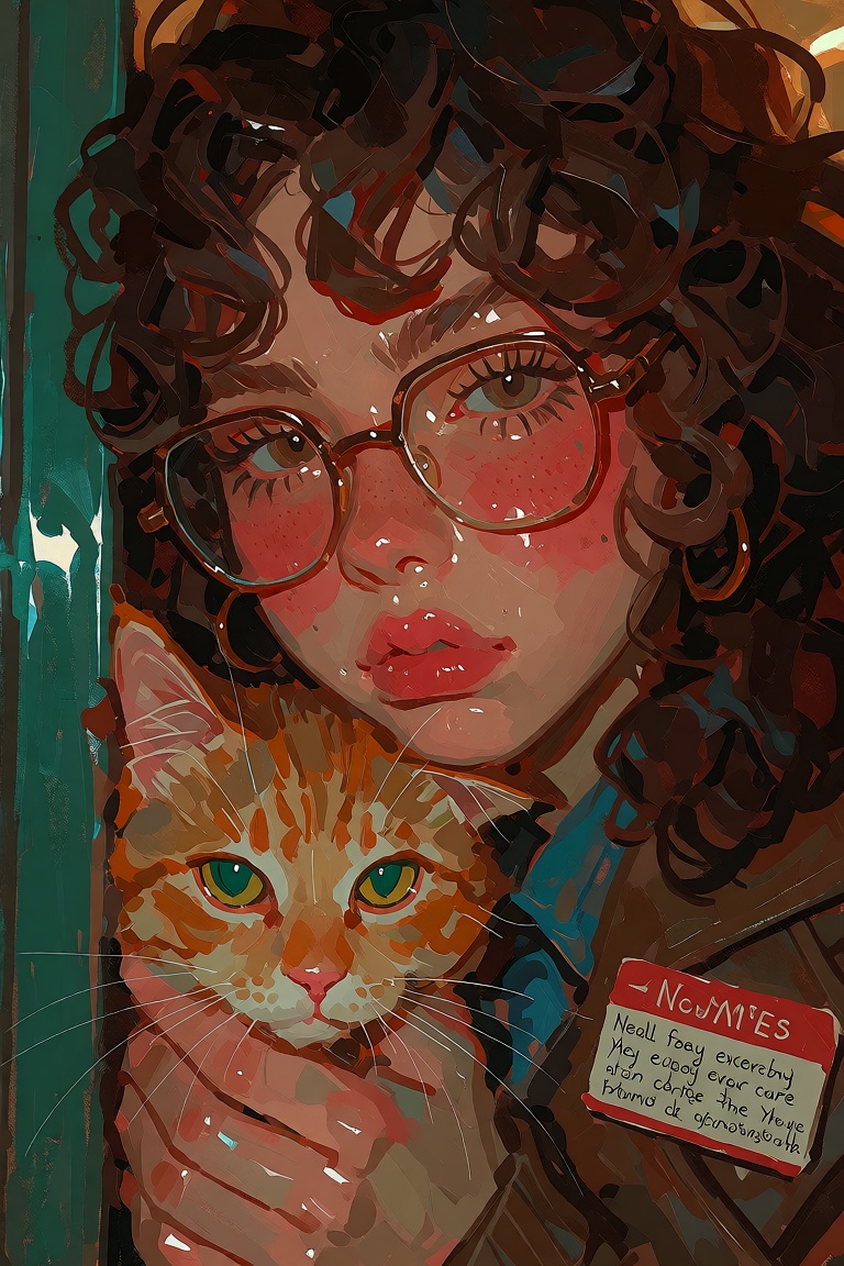 beautiful young ***** with enormous soft brown curls,  rosy cheeks,  crooked glasses on Tensor.Art
