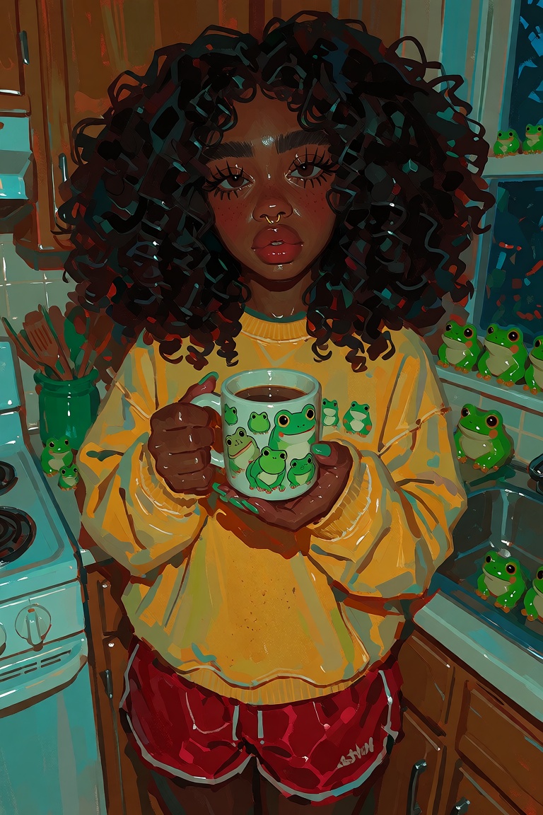 beautiful young ***** woman with a broad round face and enormous frizzy black curls,  deep brown skin with visible pores,...