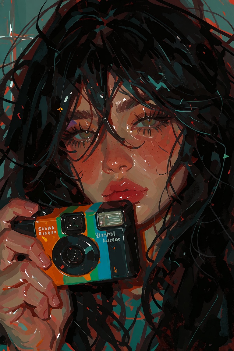 beautiful young ***** with enormous messy black hair,  faint acne and permanent sleep deprivation,  collects disposable ca...