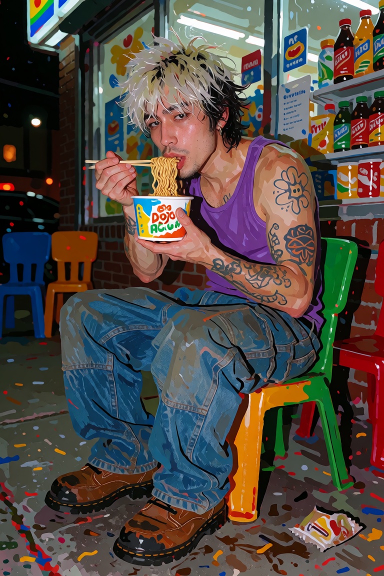 creatorfolk,  gorgeous young ***** Asian man with monolid eyes,  messy bleached hair growing out dark at the roots on Tens...