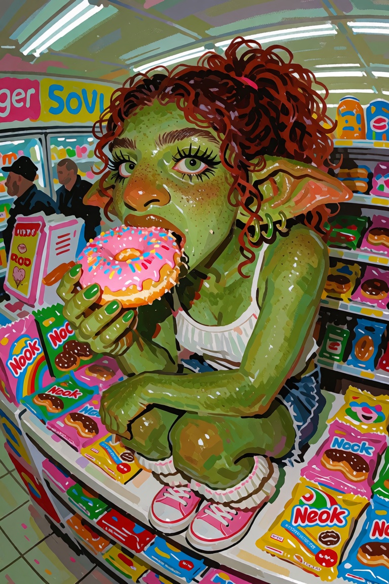 creatorfolk,  beautiful ***** goblin woman with moss-green skin,  enormous pierced ears on Tensor.Art