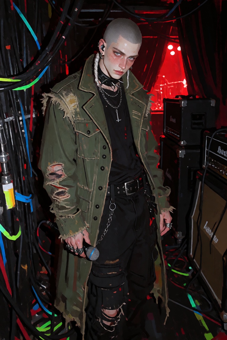creatorfolk,  gorgeous young ***** man with a shaved head and one long braided lock hanging behind his ear,  very pale ski...