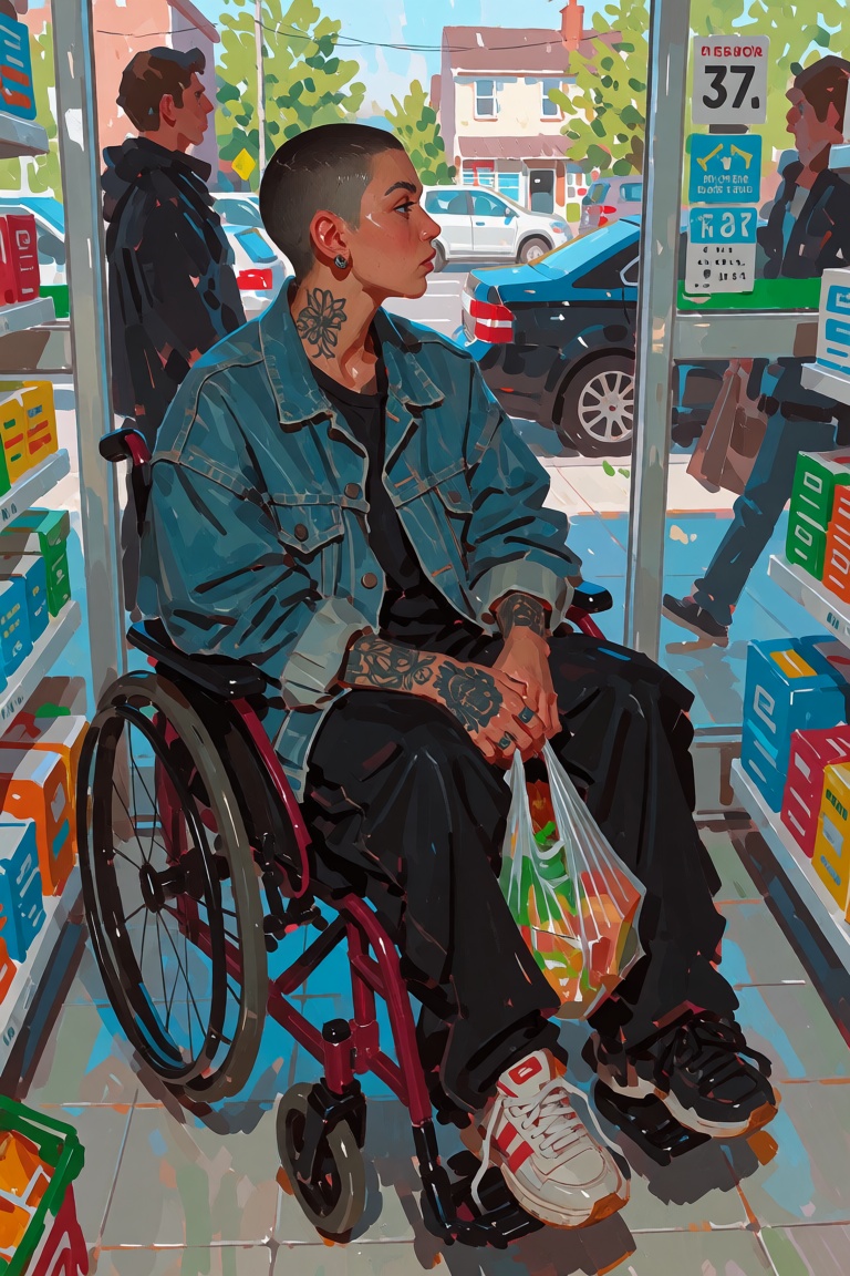 creatorfolk,  ***** woman with a buzzcut and visible arm tattoos,  sitting in a manual wheelchair outside a crowded pharma...