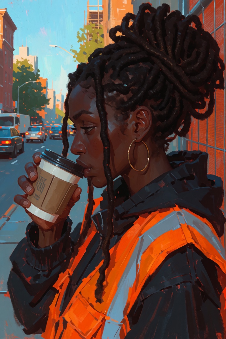 creatorfolk,  ***** Black woman shown entirely in profile,  long locs gathered into a loose bun on Tensor.Art