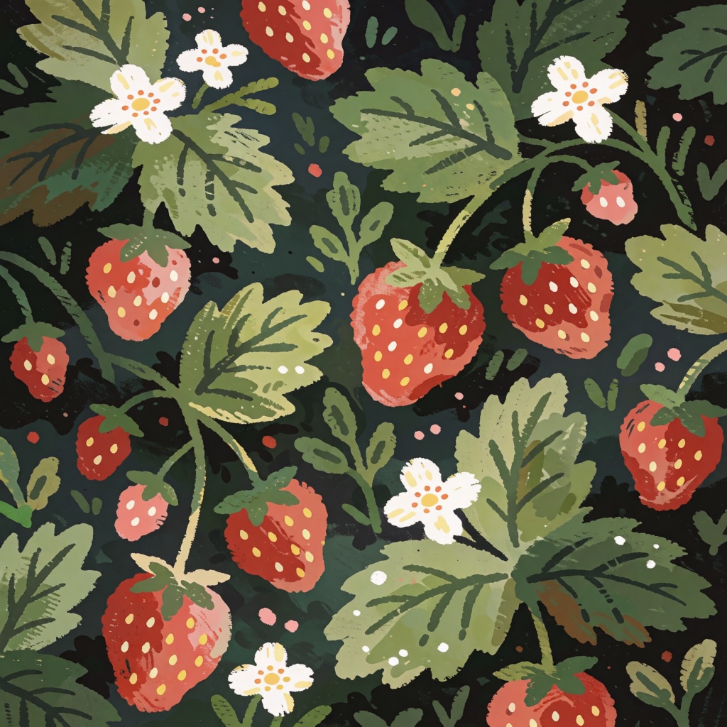 style: whimsical illustration,  The image depicts a lush,  green leafy background with various strawberries scattered thro...