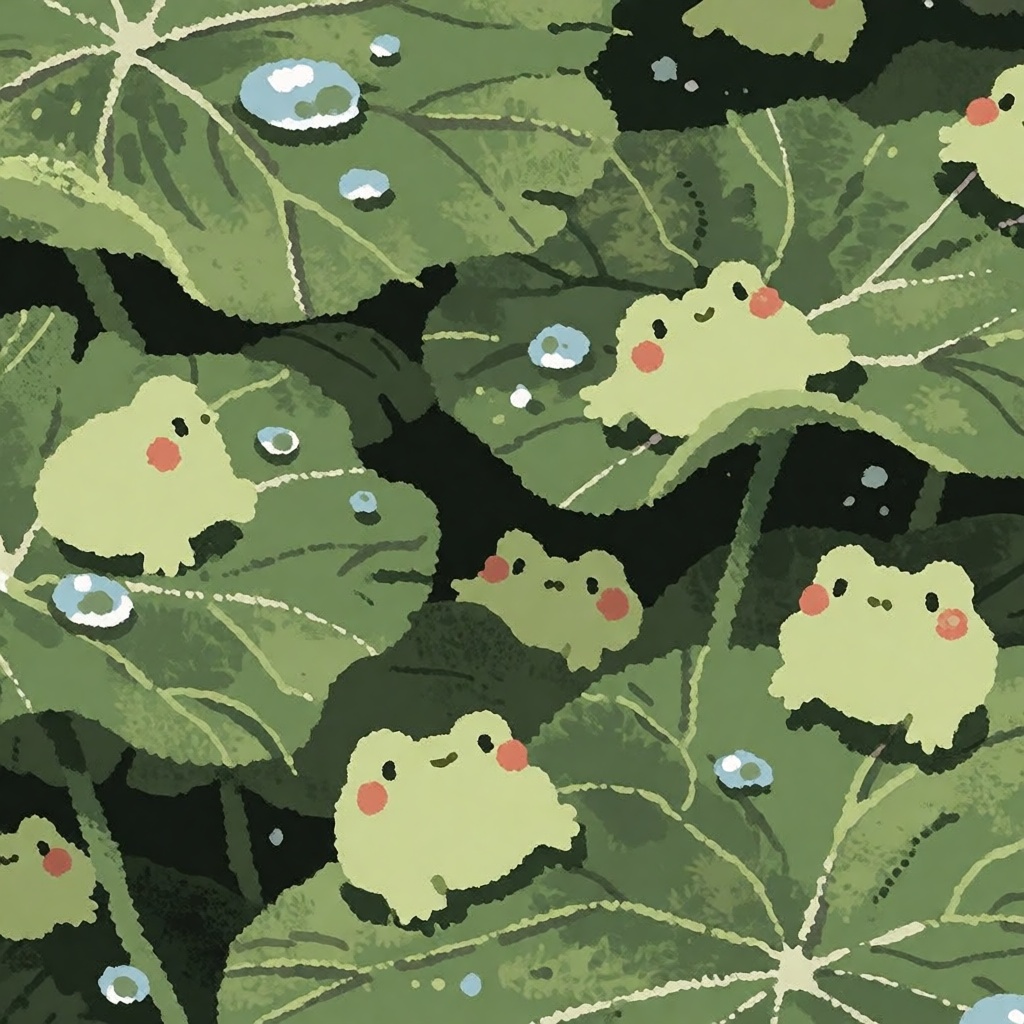 style: whimsical illustration,  The image depicts a whimsical scene with green leaves as the primary background,  creating...