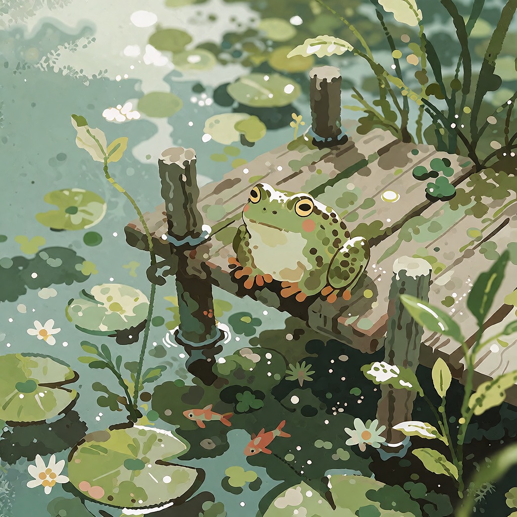 style: whimsical illustration,  The image depicts a serene aquatic scene with a wooden dock extending into a body of water...