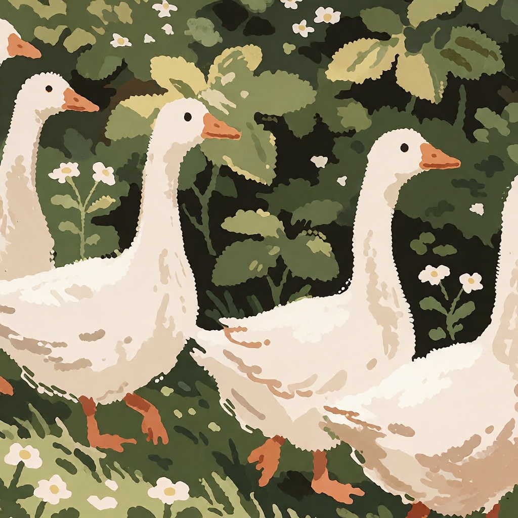 style: whimsical illustration,  digital art,  The image depicts a serene scene with four white geese walking in a line thr...