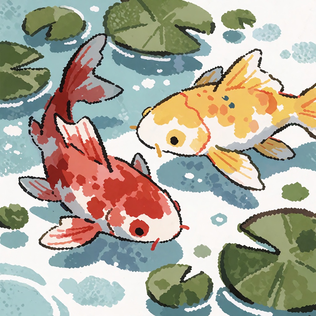 style: whimsical illustration,  The image depicts a serene aquatic scene with two stylized fish swimming in a body of wate...