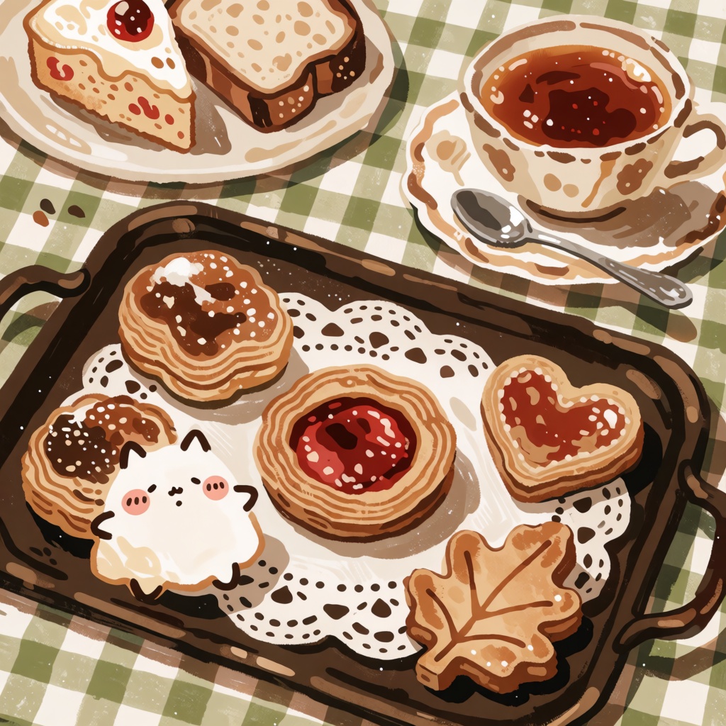 style: whimsical illustration,  The image depicts a cozy and inviting scene centered around a tray of assorted baked goods...