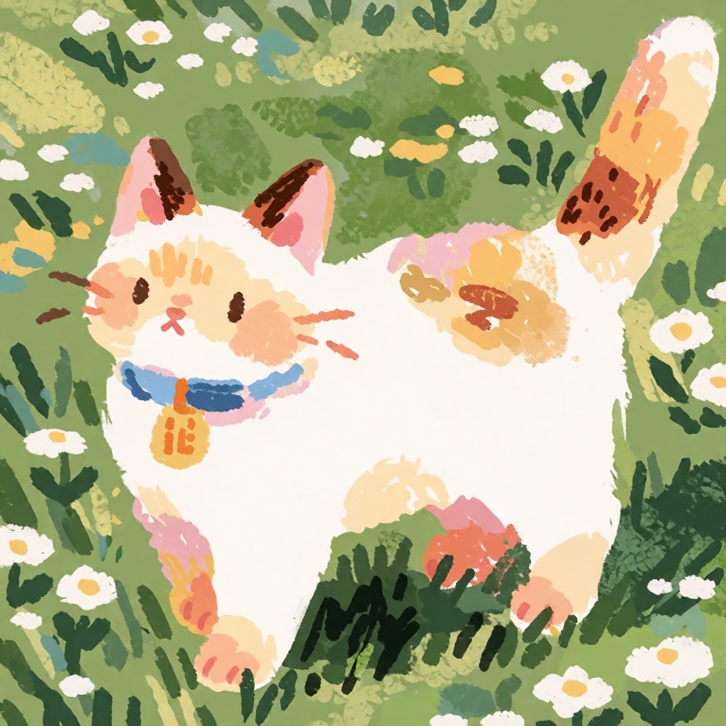 style: whimsical illustration,  The image depicts a white cat with orange markings on its face,  ears on Tensor.Art