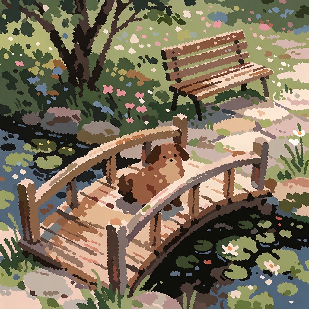 style: whimsical illustration,  The image depicts a serene,  pixelated scene of a garden or park. A wooden bridge spans a...