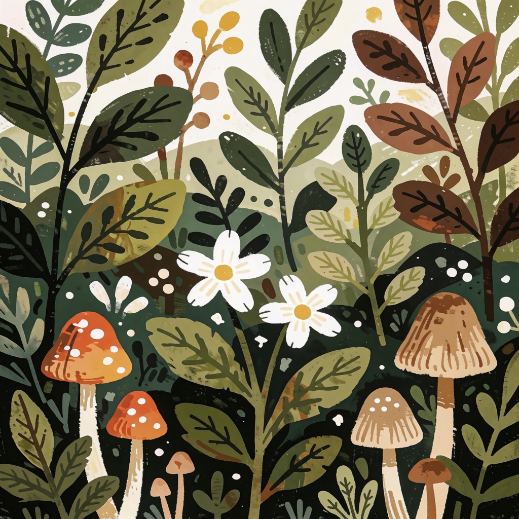 style: whimsical illustration,  The image depicts a lush,  green forest scene filled with various plants and mushrooms. Th...