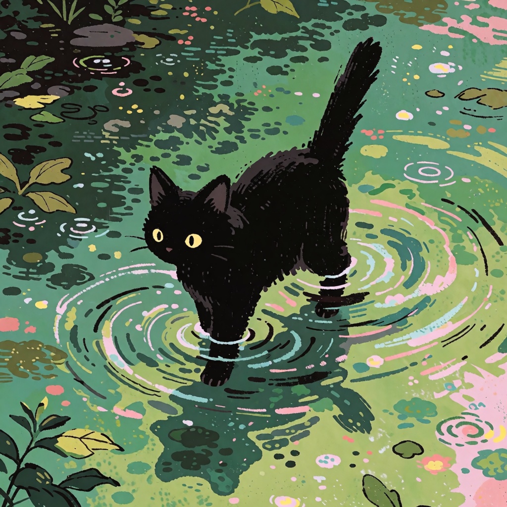 style: whimsical illustration,  The image depicts a black cat standing in a body of water,  which appears to be a pond or...
