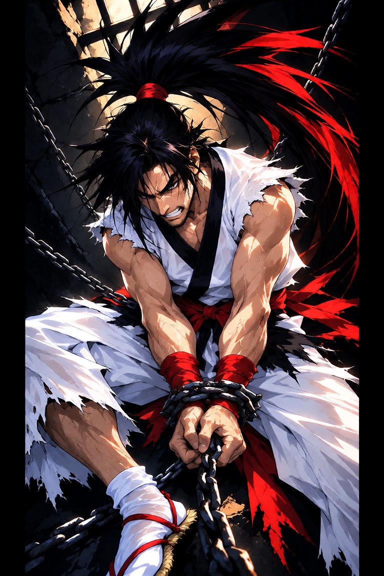 The image features a ***** male character His hair is long black hair tied into a very long ponytail cascading dramaticall...