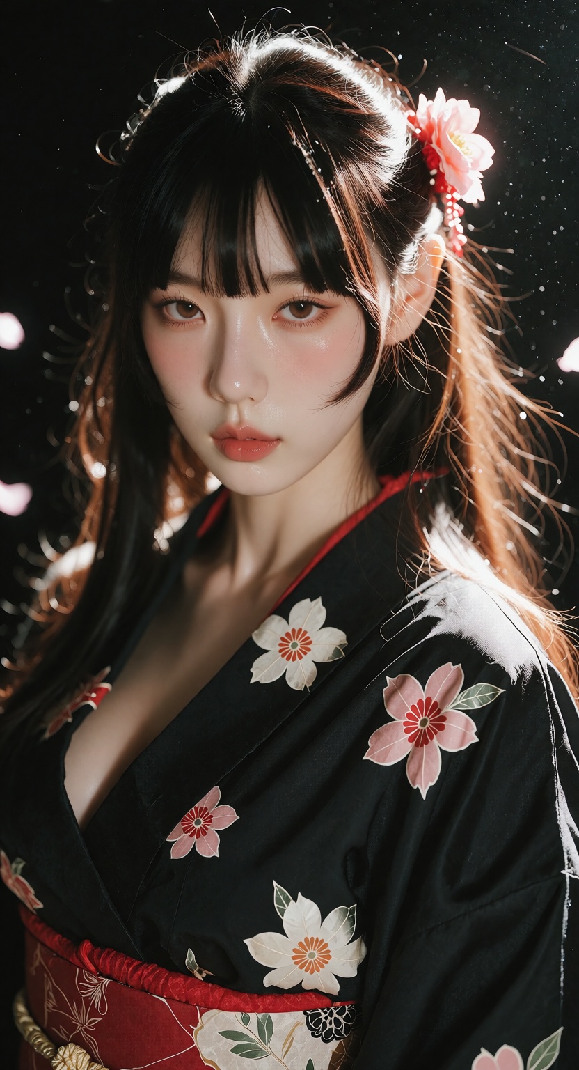 A close-up photorealistic portrait of a young Japanese woman with a hime cut,  long straight black hair,  blunt bangs on T...