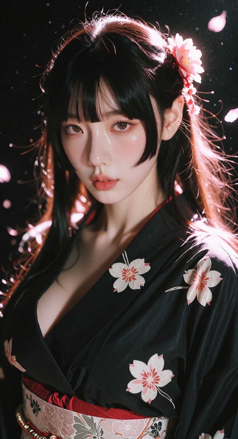 A close-up photorealistic portrait of a young Japanese woman with a hime cut,  long straight black hair,  blunt bangs on T...