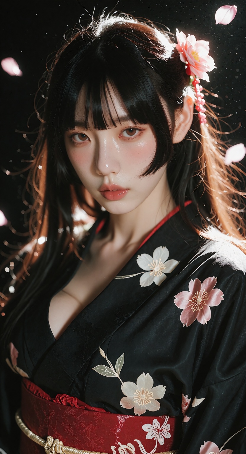 A close-up photorealistic portrait of a young Japanese woman with a hime cut,  long straight black hair,  blunt bangs on T...