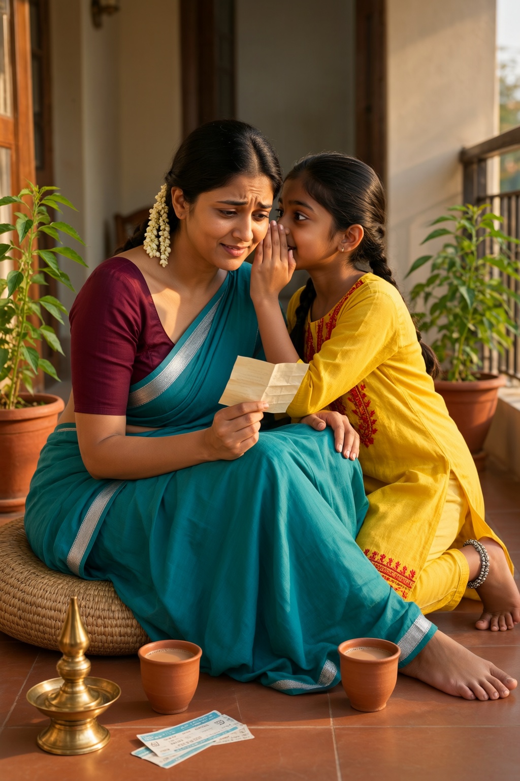 A photorealistic indoor scene of two close ***** Hindu sisters sharing secrets on a sunlit balcony. The older sister sits...