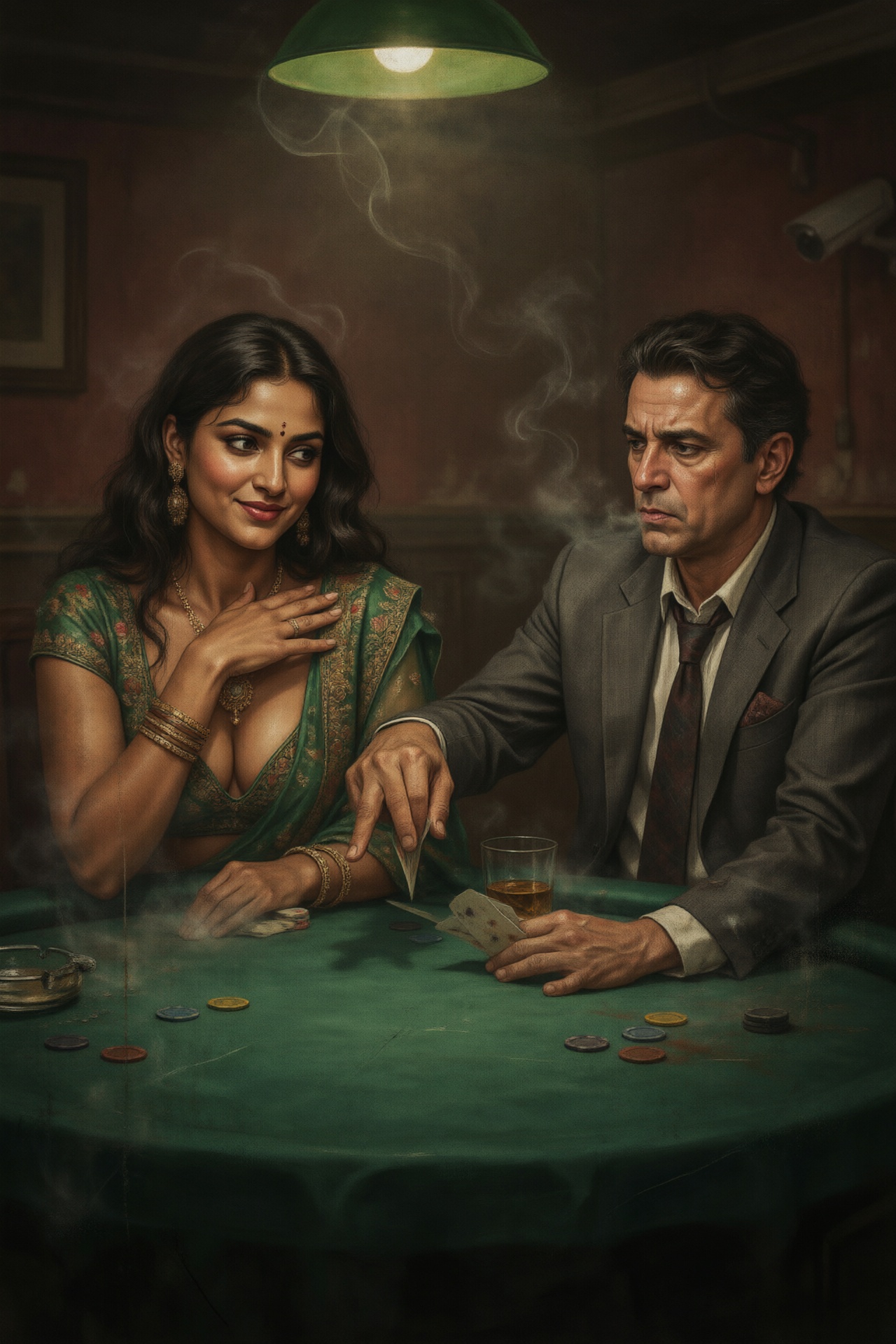 Photorealistic image,  high-stakes poker game in a dim,  smoky backroom. A beautiful Indian woman in her late twenties sit...