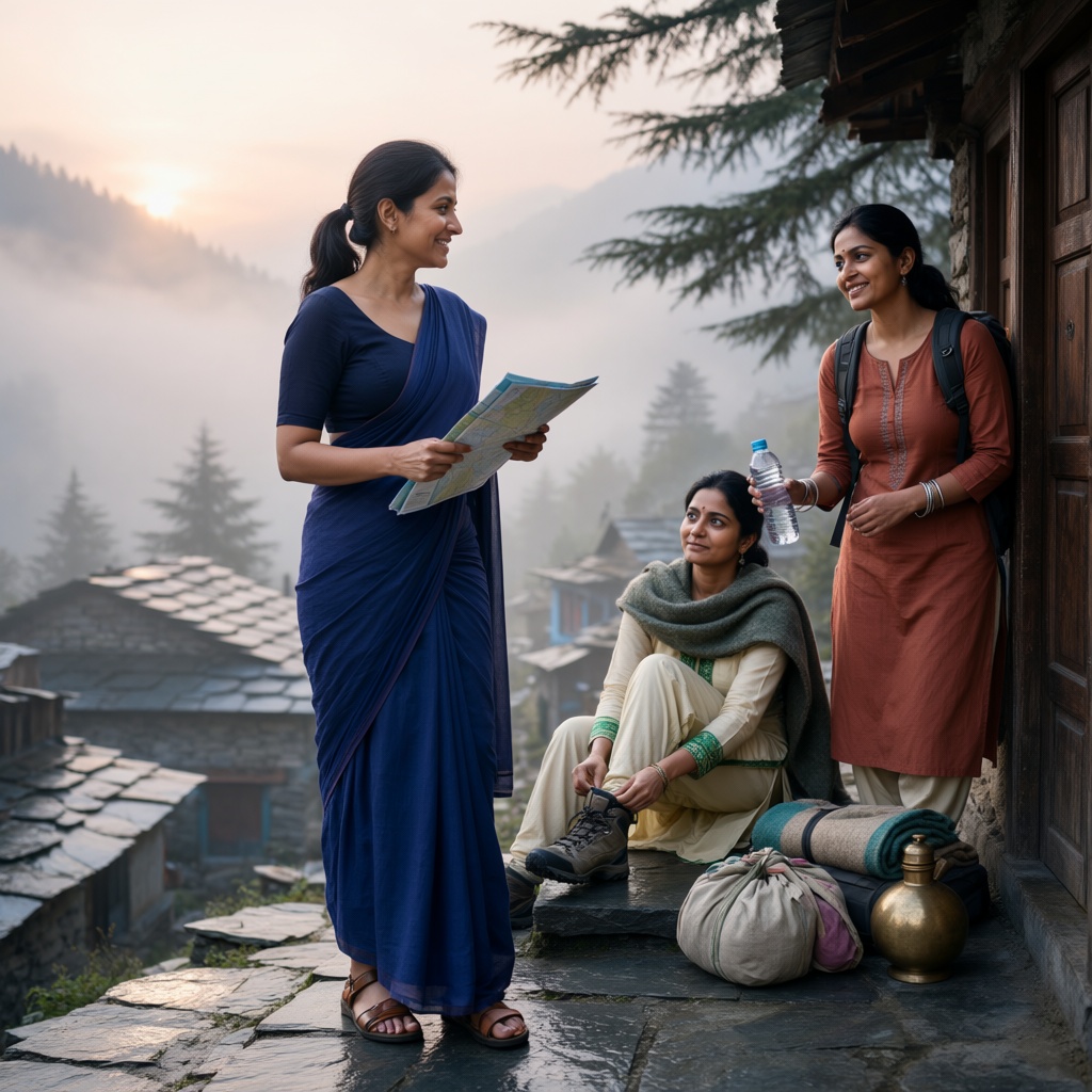 A realistic outdoor scene of three close ***** female friends traveling together through a misty mountain village at dawn....