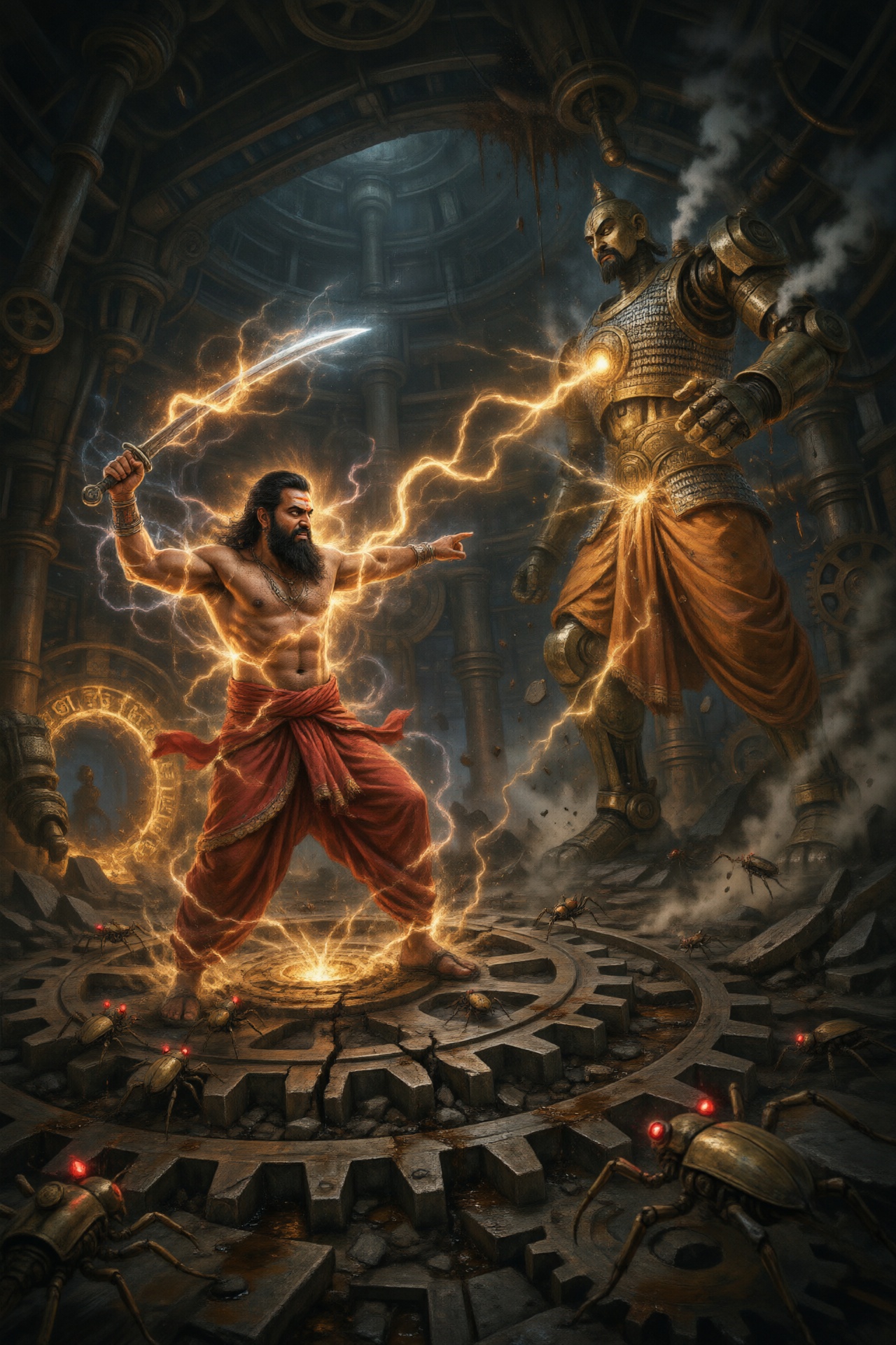 A tall muscular Hindu warrior with a thick black beard,  a vermilion tilak on his forehead,  and a steel kara bracelet on...