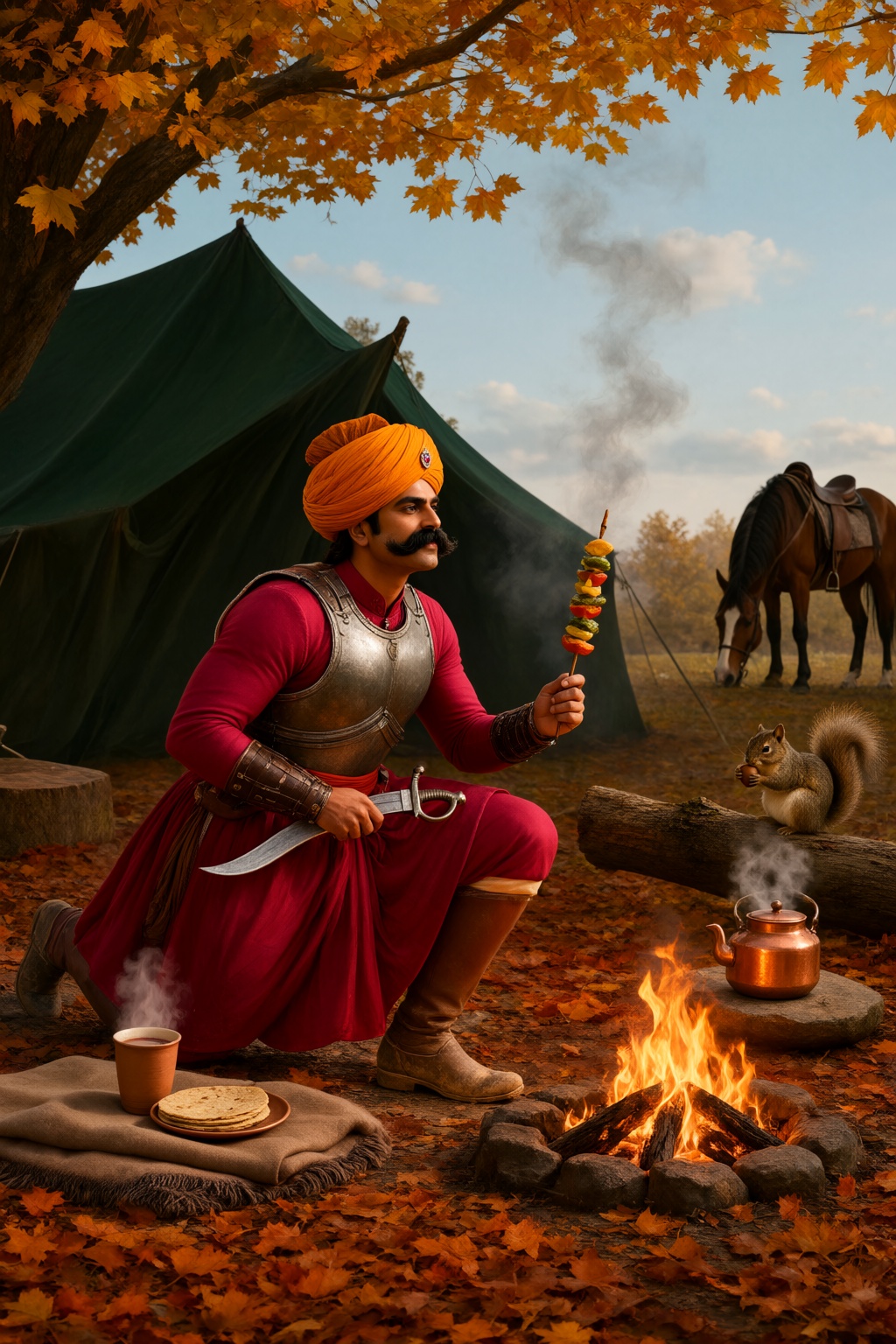 A Hindu Rajput warrior with a thick mustache and a saffron turban,  wearing a fitted crimson angrakha,  leather bracers on...