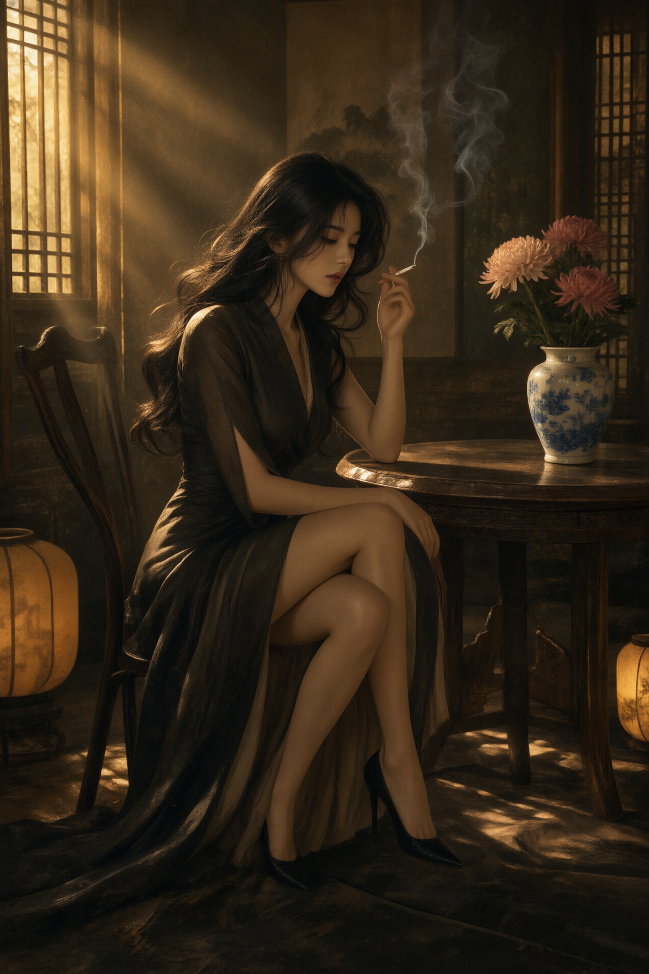 Realistic style. A woman with dark,  shiny black hair sits gracefully on a small wooden chair beside a round table inside...