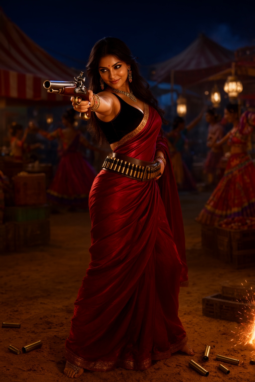 A photorealistic scene of a beautiful sultry Hindu woman standing as a master blaster in a dusty desert night market. She...