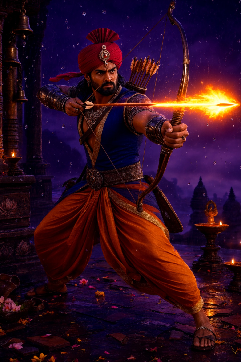 A photorealistic scene of a fierce Hindu warrior standing as a master blaster on a storm-lit temple terrace. He wears a fi...
