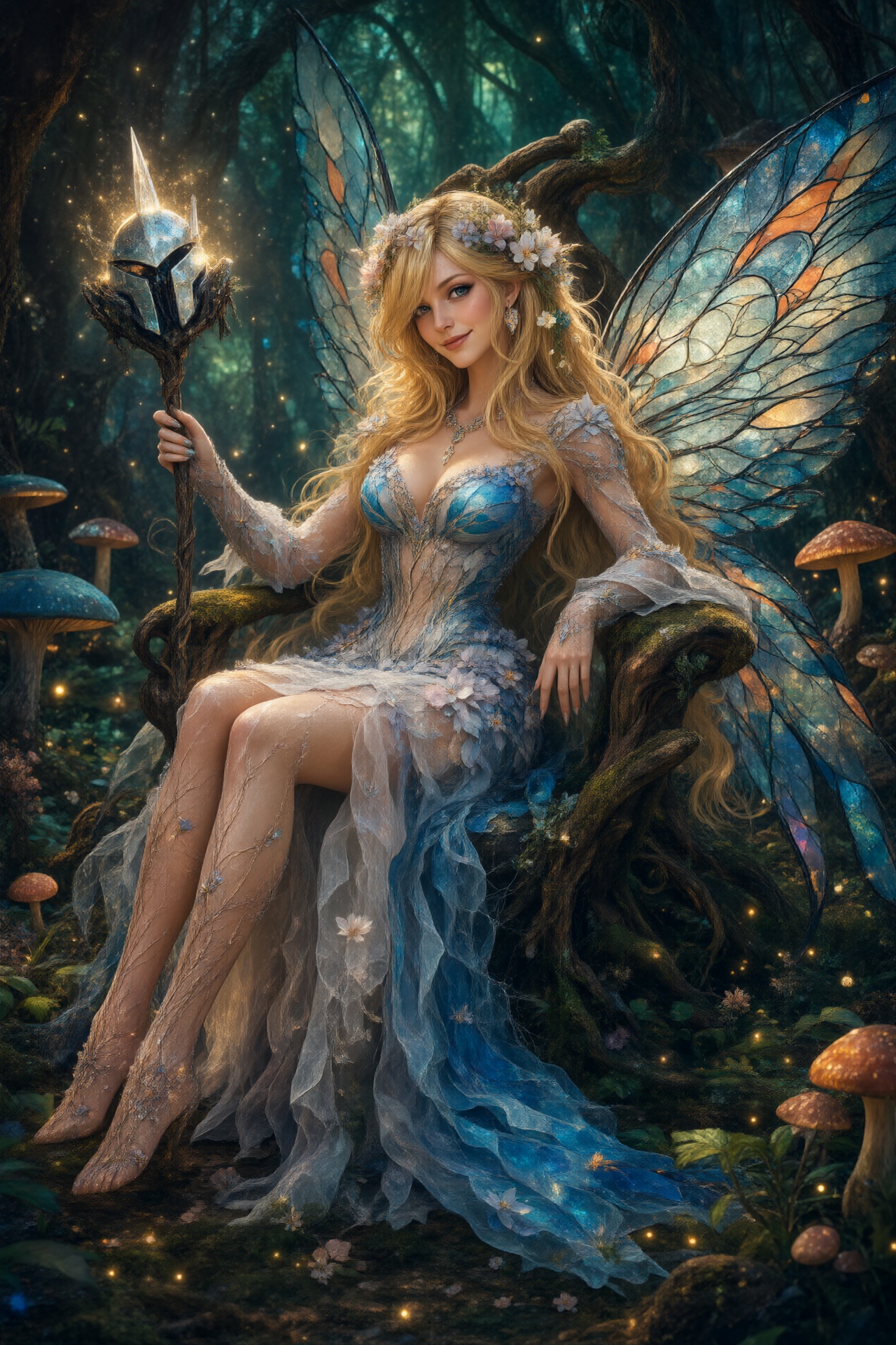 A medium shot of Samus Aran as a fairy queen sitting on a throne made of twisted roots and glowing mushrooms. She wears a...